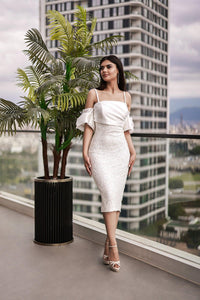 Allison Üstü Organze Eteği Payet Pileli Balon Kollu Askılı Elbise - The Bride's Bliss