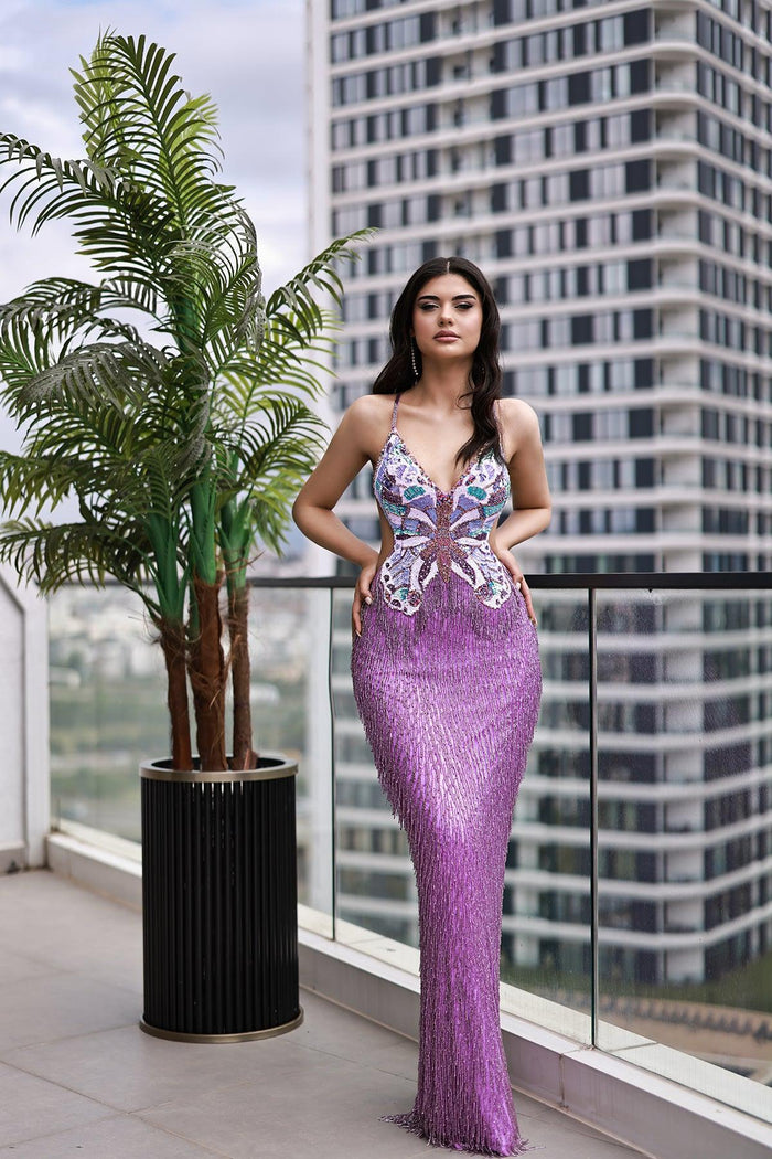 Butterfly Sırt Dekolteli Payet İşleme Abiye Elbise - The Bride's Bliss