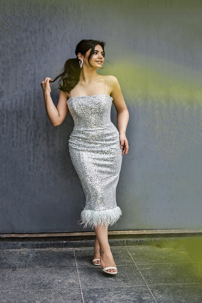 Ciera Payetli Otriş Detaylı Midi Abiye Elbise - The Bride's Bliss