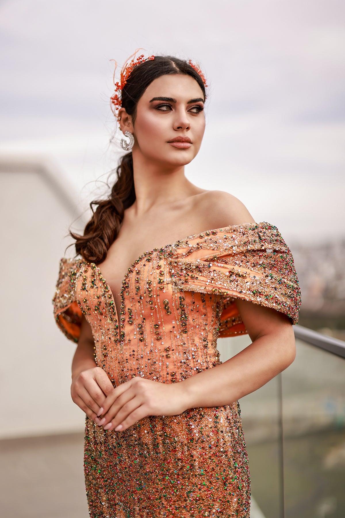 Daniela Düşük Kol Detaylı Kupon Dantel Kaplama Abiye Elbise - The Bride's Bliss