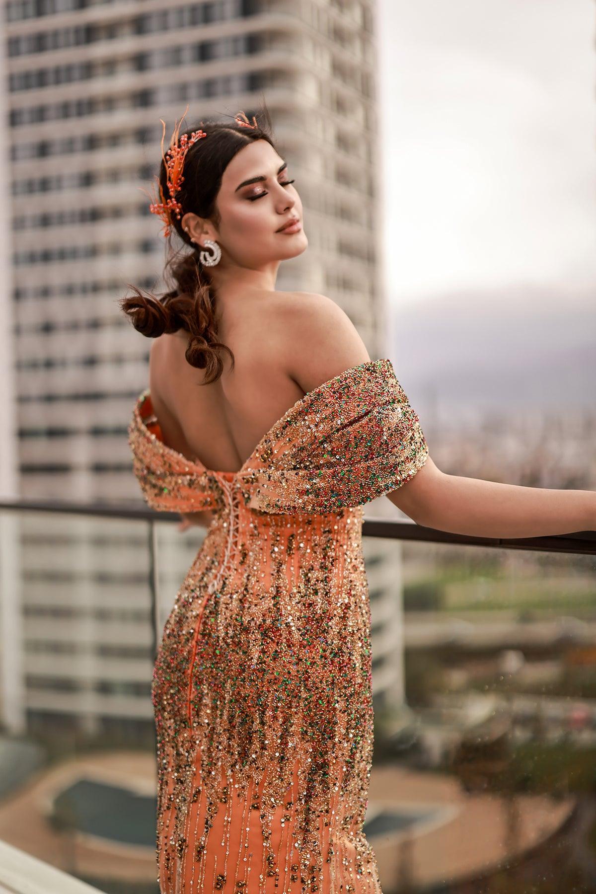 Daniela Düşük Kol Detaylı Kupon Dantel Kaplama Abiye Elbise - The Bride's Bliss