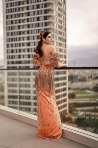 Daniela Düşük Kol Detaylı Kupon Dantel Kaplama Abiye Elbise - The Bride's Bliss