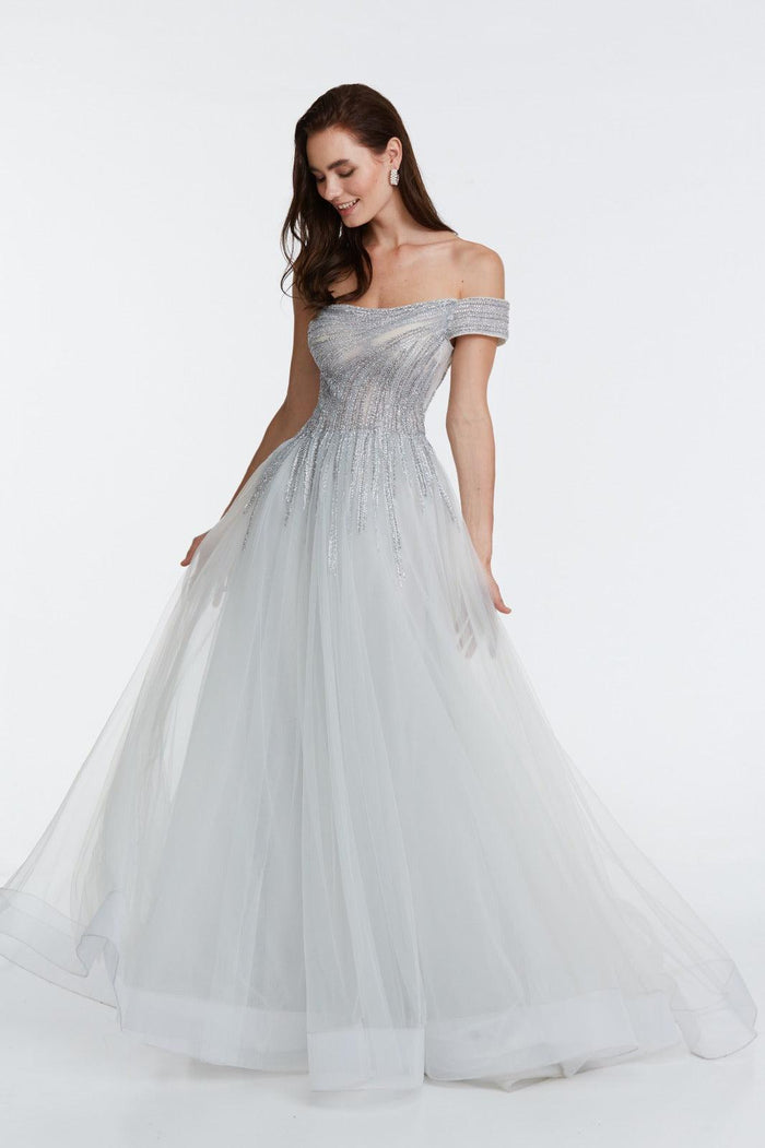 Gisel Tek Düşük Kollu Işıltılı Tül A Kesim Abiye Elbise - The Bride's Bliss