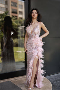 Iliana İp Askılı V Yaka Otrişli Uzun Abiye Elbise - The Bride's Bliss