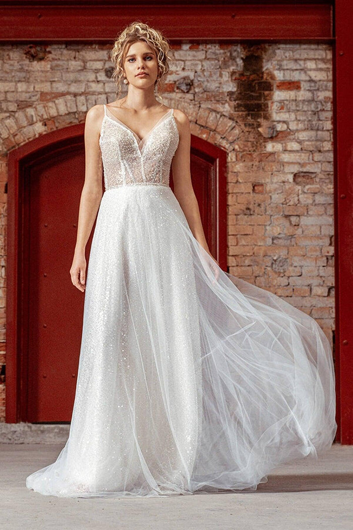 Lydia Işıltılı İpek Tül V Yaka A Kesim Gelinlik - The Bride's Bliss