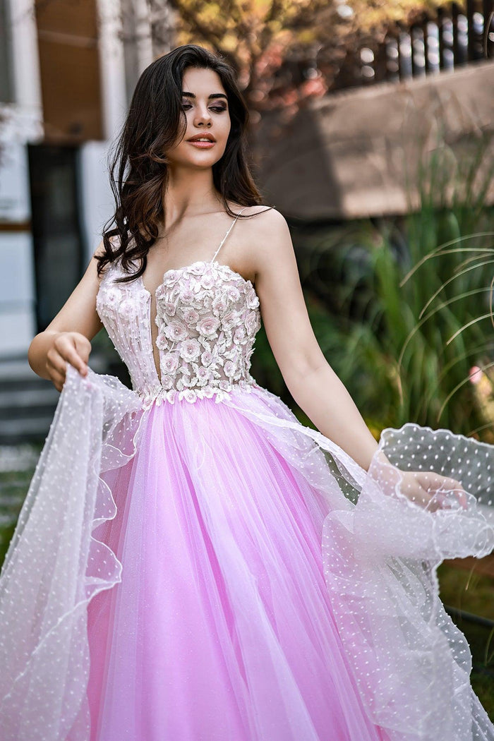 Pink Ian Tek Kollu 3 Boyut Çiçek İşlemeli Abiye Elbise - The Bride's Bliss