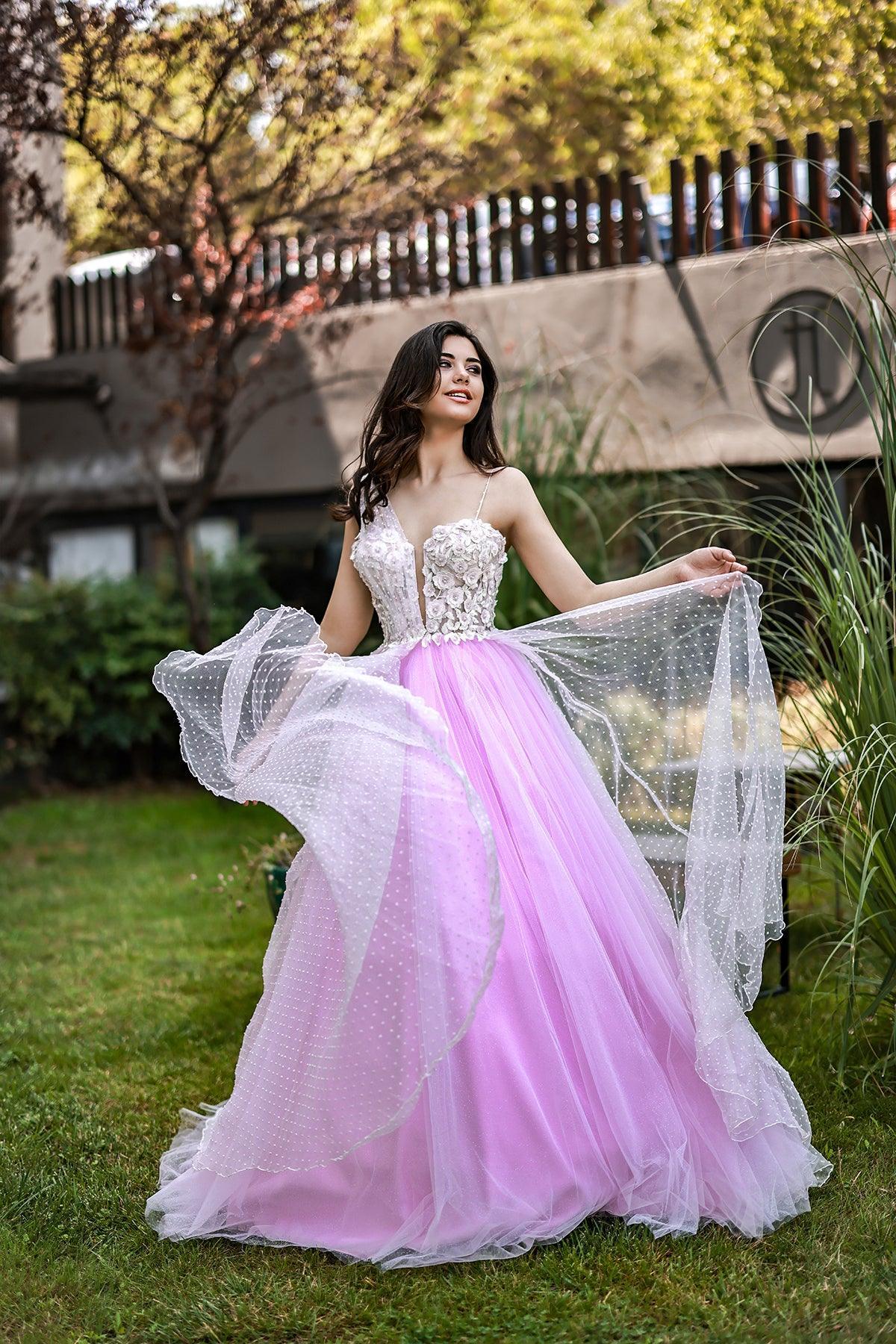 Pink Ian Tek Kollu 3 Boyut Çiçek İşlemeli Abiye Elbise - The Bride's Bliss
