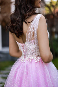 Pink Ian Tek Kollu 3 Boyut Çiçek İşlemeli Abiye Elbise - The Bride's Bliss