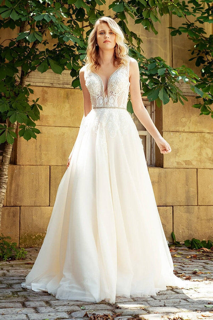 Grey Trim Şeritli V Yaka A Kesim Gelinlik - The Bride's Bliss