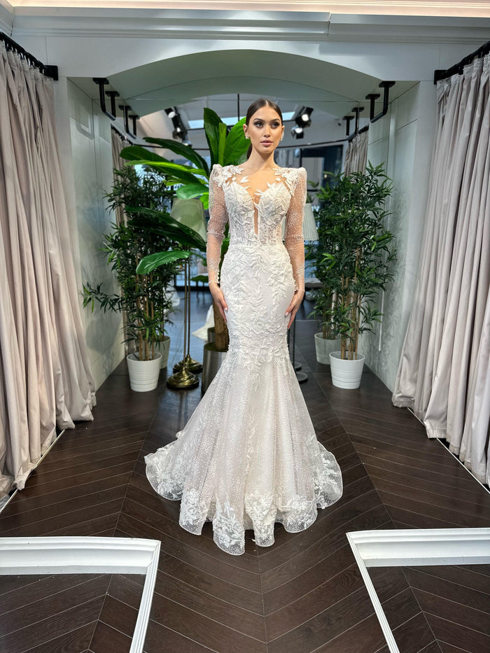 Kacie Çiçekli Dantel Uzun Kol Balık Gelinlik - The Bride's Bliss