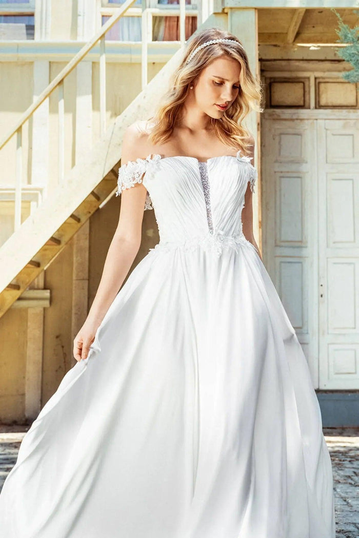 Malia Düşük Kol Saten Şifon Düz Kesim Gelinlik - The Bride's Bliss