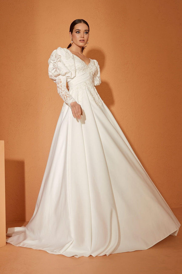 Minso 22 Fransız Dantel Drapeli A Kesim Gelinlik - The Bride's Bliss