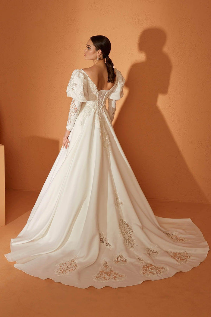 Minso 22 Fransız Dantel Drapeli A Kesim Gelinlik - The Bride's Bliss
