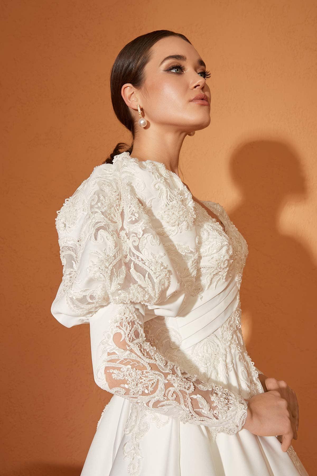 Minso 22 Fransız Dantel Drapeli A Kesim Gelinlik - The Bride's Bliss