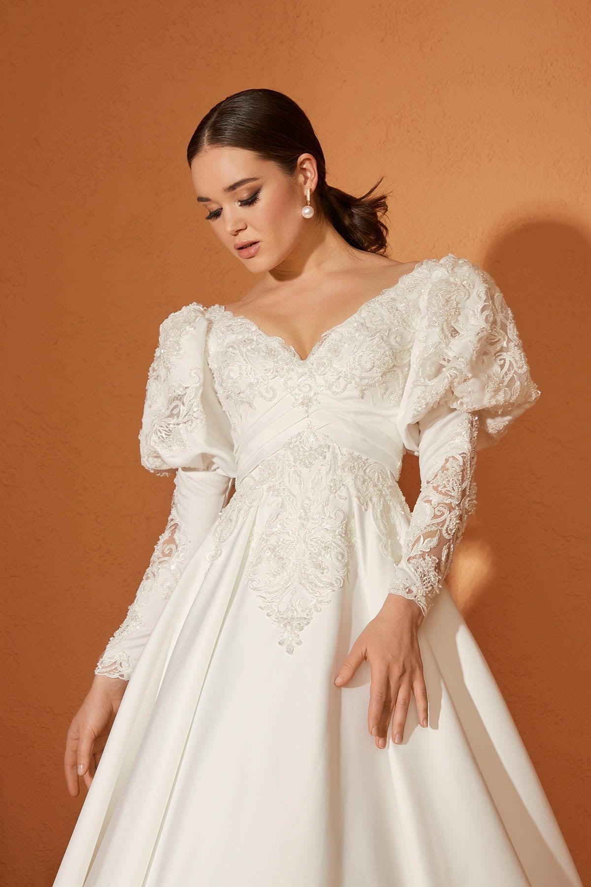 Minso 22 Fransız Dantel Drapeli A Kesim Gelinlik - The Bride's Bliss