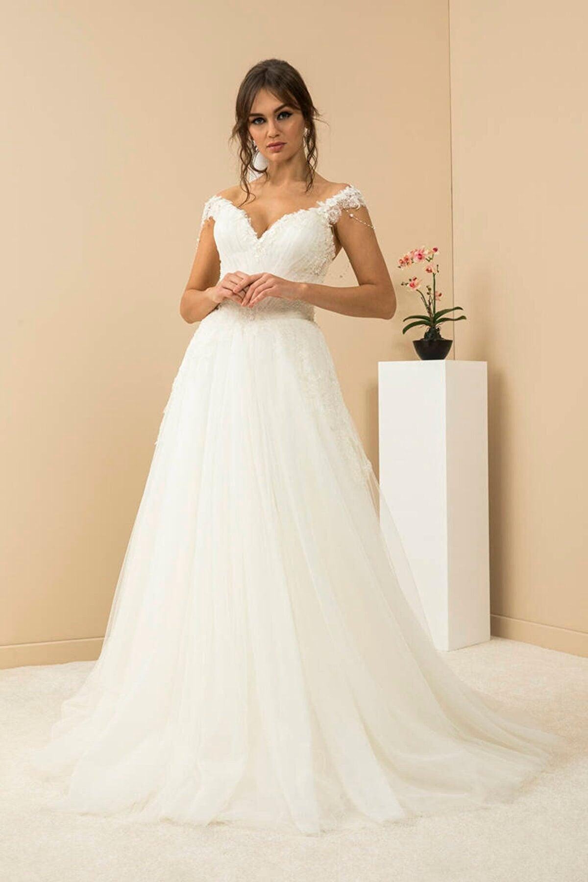 Pearl Drapeli V Yaka Helen A Kesim Gelinlik - The Bride's Bliss