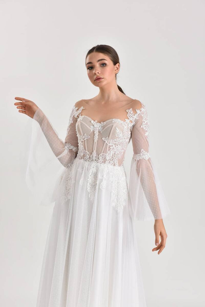 Taurus Puantiyeli Tül Düz Kesim Gelinlik - The Bride's Bliss